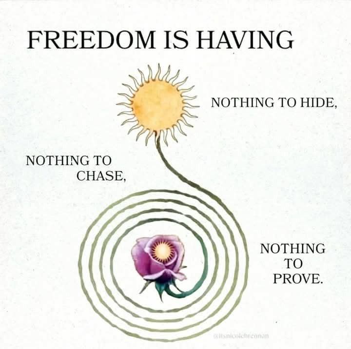 Freedom is having nothing to hide, nothing to chase, nothing to prove.