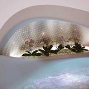 An indoor pool beneath a curved alcove with orchids and small lights.
