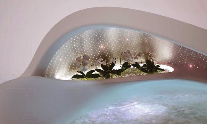 An indoor pool beneath a curved alcove with orchids and small lights.