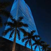electric blue tower — A glass tower illuminated in electric blue, framed by palm trees at night.