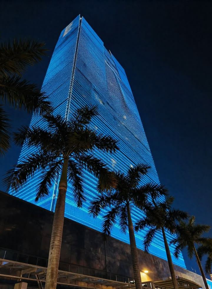 electric blue tower — A glass tower illuminated in electric blue, framed by palm trees at night. by Din Tanovic, Stockholm photo blog