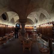 the room · vaults & candlelight — painted vaulted ceiling, rattan chairs, candles