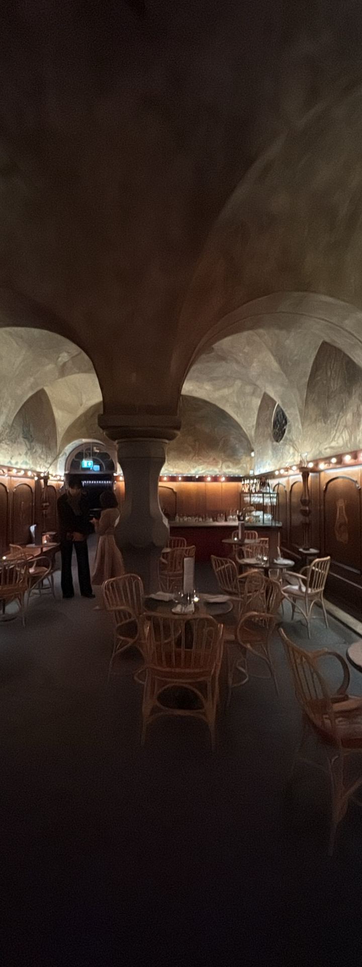 the room · vaults & candlelight — painted vaulted ceiling, rattan chairs, candles by Din Tanovic, Stockholm photo blog