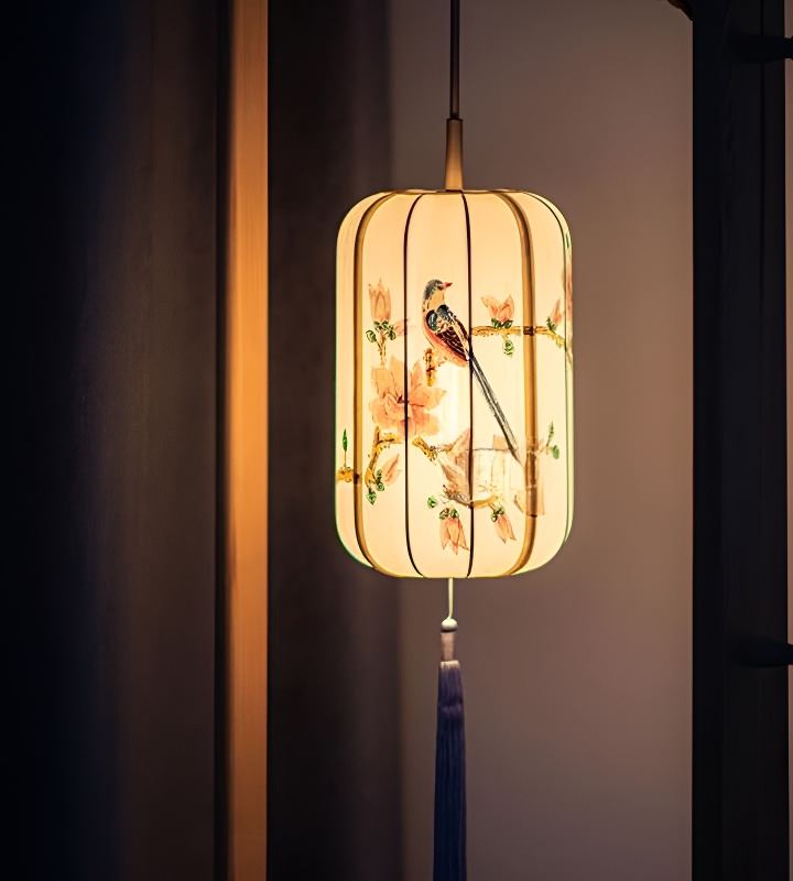 bird lantern — painted feathers, warm light, a dark tassel.